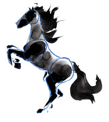 水墨技法で描いた後ろ足で立つ黒い馬