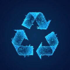 glowing blue crystalline recycling symbol of three textured arrows on dark background conveying a hopeful modern environmental feeling