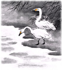 水墨技法で描いた白鳥のいる風景