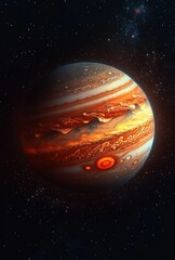 Majestic fiery gas giant with swirling orange and red storms, glowing red vortex and cloud bands floating in a star-filled space, dramatic and awe-inspiring