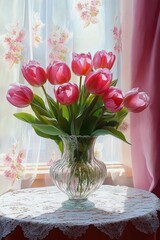 Serene bouquet of pink tulips in a clear glass vase on a lace-covered table by a sunlit window with floral sheer curtains and a soft pink drape, cozy nostalgic mood