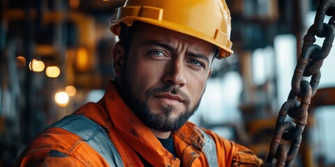 industrial worker in orange high-visibility jacket and yellow hard hat standing beside heavy rusted chain in dim factory with focused determined mood