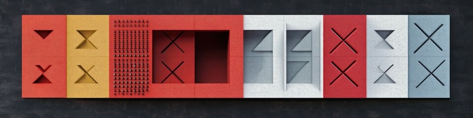 long horizontal row of textured colored wall panels with geometric cutouts: x shaped and triangular recesses, dense peg grid and deep open niches creating a minimalist rhythmic mood