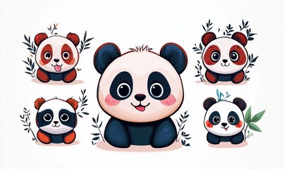 Five cute cartoon panda cubs with rosy cheeks and playful smiling expressions surrounded by leafy branches on a clean white background