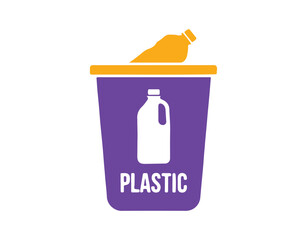 Flat style vector icons representing recycle bins for plastic, paper, glass, and metal, all isolated on a white background. 
