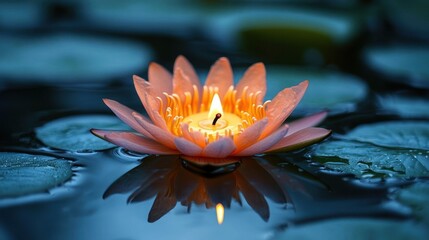 Pink water lily cradling a lit candle, warm glowing flame and perfect reflection on calm dark pond, serene tranquil mood