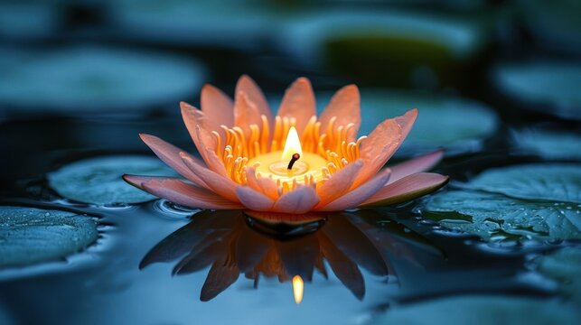 Pink water lily cradling a lit candle, warm glowing flame and perfect reflection on calm dark pond, serene tranquil mood - Powered by Adobe