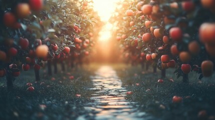 Sunlit apple orchard with stone pathway between rows of fruit-laden trees, fallen apples on grass and a warm golden hour serenity