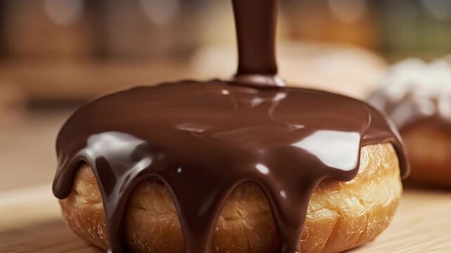 Chocolate glaze pouring over a sweet donut