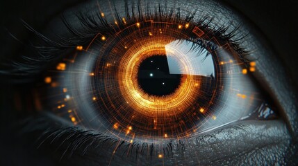 close-up of a human eye with detailed eyelashes, dark pupil and glowing orange digital circuitry forming concentric hud rings, intense focused gaze evoking curiosity and vigilance
