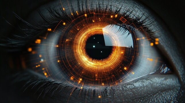 close-up of a human eye with detailed eyelashes, dark pupil and glowing orange digital circuitry forming concentric hud rings, intense focused gaze evoking curiosity and vigilance - Powered by Adobe