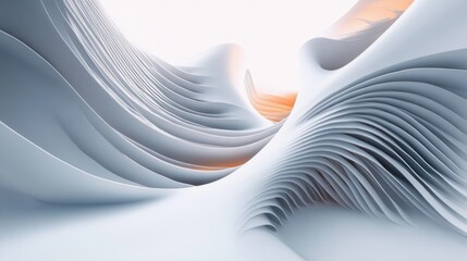 Serene abstract formation of smooth white layered ribbons and paper-like waves with soft orange glow, flowing curving contours and gentle light and shadow