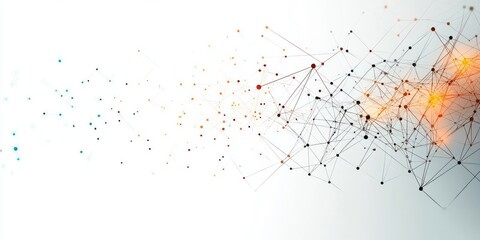 abstract digital network of connected nodes and lines on a white background with glowing orange hubs and scattered teal dots, conveying dynamic energy and connectivity