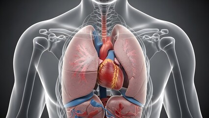 Detailed view of the human torso highlighting the lungs and heart in a transparent body model