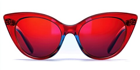 Bold red cat-eye sunglasses with glossy translucent frame and mirrored red lenses on white background, stylish glamorous vibe