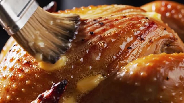 Close-up of Golden Roasted Poultry Being Basted with Savory Glaze for a Perfect Crispy Skin Finish