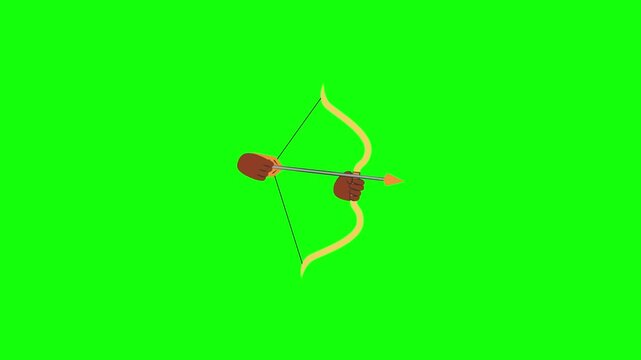 A stylized bow and arrow held by hands, drawn in a simple cartoon vector style on green screen. The arrow is pulled back and released slightly in a loop, indicating aim or power.