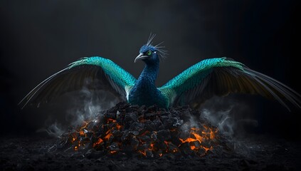 Majestic peacock with vibrant feathers rising from fiery ashes