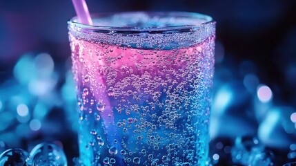 Close-up of a chilled sparkling drink in a glass with a straw, bubbling carbonation and ice under vibrant pink and blue neon lights, refreshing and futuristic mood