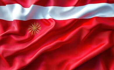 Waving red silk flag with a white horizontal stripe and a golden sunburst emblem, glossy dramatic folds conveying pride and celebration