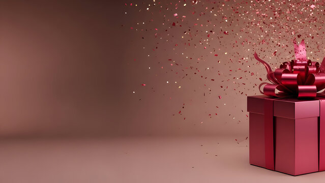 A beautiful pink gift box with a bow and confetti on a pink background for valentines day surprise