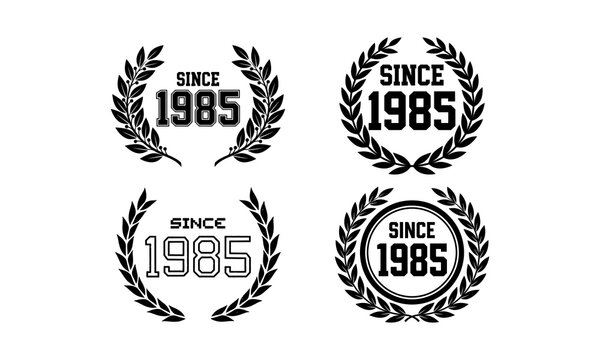 Vintage Laurel Wreath Sports Emblems Set, Retro Anniversary Badges with Since 1985 Text Vector