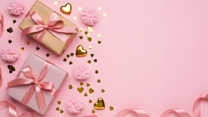 Pink valentines day gifts with ribbons and gold confetti on pink background