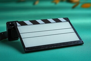Blank film clapperboard lying on a teal textured surface with soft bokeh and orange highlights, evoking calm creativity and quiet anticipation on a studio tabletop