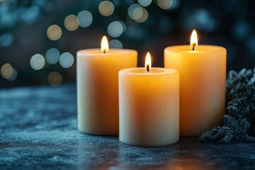 Three glowing pillar candles on a frosted surface with soft bokeh lights and a snow-dusted pine sprig, warm serene atmosphere conveying cozy winter calm