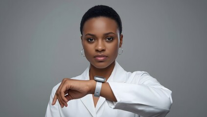 Professional Woman in Lab Coat Checking Smartwatch Technology