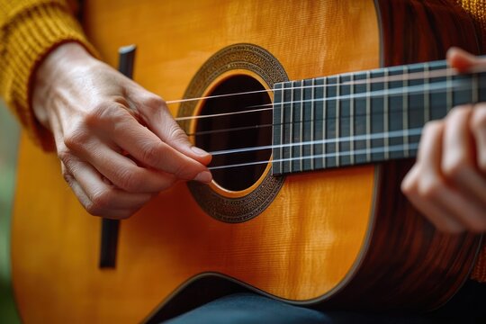 close-up of hands plucking acoustic guitar strings with warm wood tones and a cozy sweater sleeve, conveying focus, calm and intimate musical practice