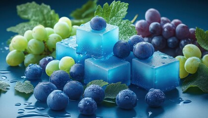 Cool blue jelly cubes with water droplets surrounded by dewy purple and green grapes and vine leaves, fresh and refreshing