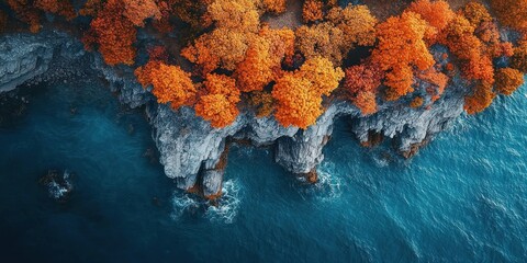 Aerial view of vibrant orange autumn trees lining rugged coastal cliffs with turquoise deep blue sea below, waves crashing against rocky shore, dramatic and serene seascape