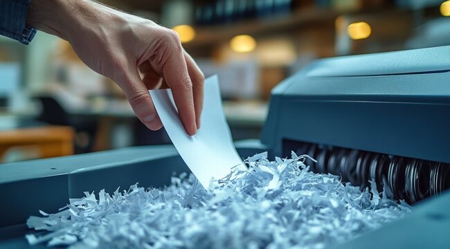 Close-up of a hand feeding a sheet of paper into an office paper shredder surrounded by a pile of shredded strips, evoking privacy, relief and focused determination