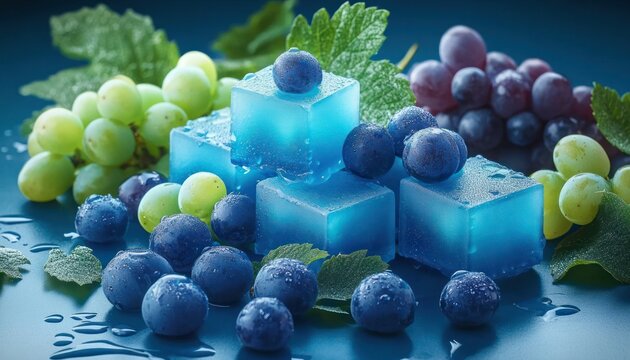 Cool blue jelly cubes with water droplets surrounded by dewy purple and green grapes and vine leaves, fresh and refreshing - Powered by Adobe
