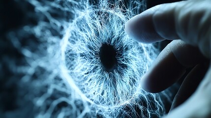 Human finger touching vibrant blue abstract light network, digital connection and technology concept.