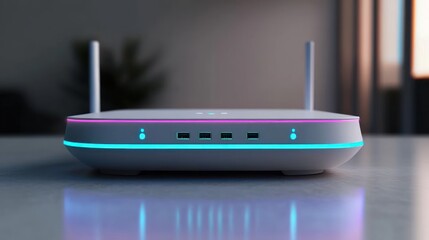 Sleek white wireless router with dual antennas, glowing cyan and magenta LED strips, four front ports and indicator lights on a reflective tabletop, futuristic calm mood