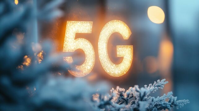 Glowing five g letters on a frosted window with snow-covered pine branch and warm bokeh lights, cozy futuristic winter mood - Powered by Adobe