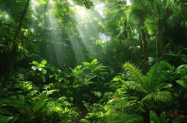 Sunlit tropical rainforest clearing with dense ferns, broadleaf plants and palm trunks, scattered orange flowers and tranquil light rays filtering through a lush green canopy