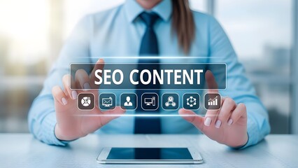 Business professional engaging with seo content on a digital interface