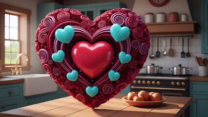 Large heart shaped cookie on kitchen counter with smaller hearts around it for valentines