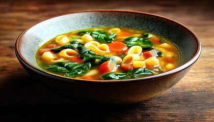 rustic ceramic bowl of warm vegetable soup with small pasta shells, fresh spinach leaves and sliced carrots in golden broth on a wooden table, cozy and comforting