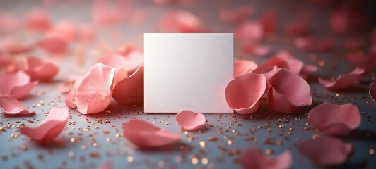 Blank square card surrounded by pink rose petals and scattered gold confetti on a soft blue surface with warm bokeh lighting, romantic and elegant mood