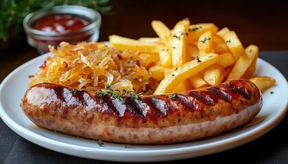 grilled sausage with char marks served on a white plate with golden fries, caramelized onions and a bowl of ketchup, hearty and mouthwatering comfort meal