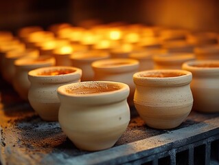 Rows of small unglazed clay pots glowing in a kiln, warm orange light and rustic texture evoking a calm artisanal workshop atmosphere