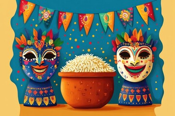 Colorful smiling ceremonial mask with floral headdress beside a large clay pot piled high with rice under festive bunting, vibrant joyful celebration