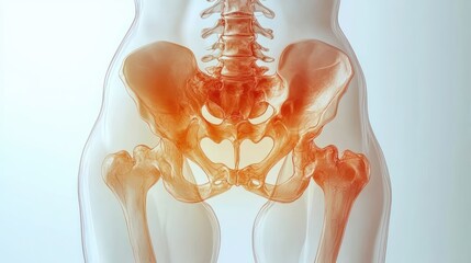 Transparent anatomical view of human pelvis, hip joints, femur heads and lower spine in warm tones conveying clinical focus and diagnostic clarity