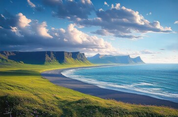 serene sunlit coastal scene with green grassy meadow and wildflowers, sweeping dark sandy beach and rugged cliffs meeting calm blue sea under a dramatic cloud-filled sky