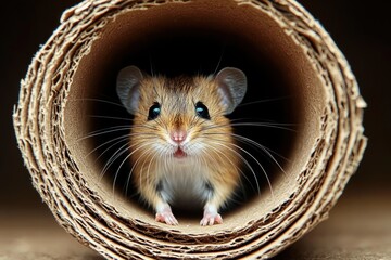 curious small brown mouse peeking out of a corrugated cardboard tube, wide black eyes, long whiskers and tiny paws, timid and adorable expression