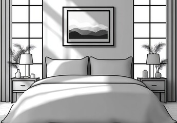 Minimal modern bedroom with large bed and pillows, two bedside tables with lamps and potted plants, tall grid windows with curtains, framed abstract wall art, sunlit calm serene mood